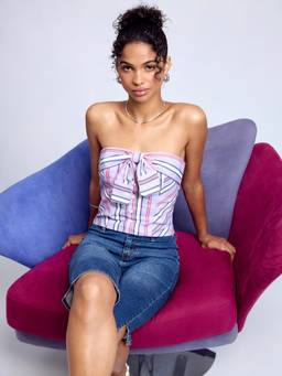 Cider - Linen Blend Women Striped Bow Bandeau Crop Top Pink