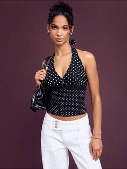 Cider - Polka Dot Women Halter Neck V-Neck Tank Top Black