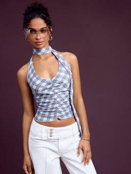 Cider - Gingham Women's Ruched Halter Neck Tank Top Blue