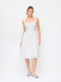 Cider - Cotton Blend Women's Square Neck Broderie Midi Dress White