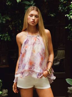 Cider - Chiffon Women Floral Sleeveless Backless Ruffle Hem Blouse Pink
