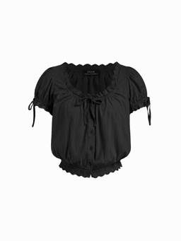 Cider - Cotton Blend Women Square Neck Puff Sleeve Lace Blouse Black