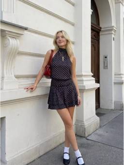 Cider - Polka Dot Women's Halter Neck Tie-Back Ruffled Mini Dress Navy Blue