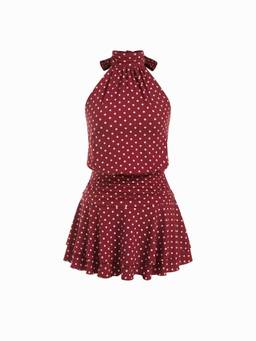 Cider - Chiffon Polka Dot Women's Halter Ruffled Mini Dress Wine