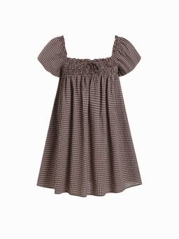 Cider - Cotton Blend Women Gingham Shirred Mini Dress Brown