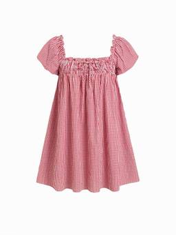 Cider - Cotton Blend Women Gingham Shirred Mini Dress Red