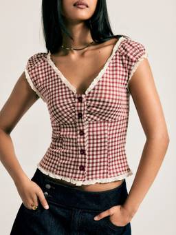 Cider - Jacquard Gingham Women's Sweetheart Raglan Ruched Top Red