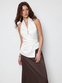 Cider - Asymmetrical Wrap Women's Halter Neck Metal Detail Top White
