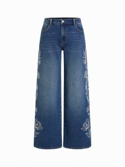 Cider - Denim Floral Embroidery Women Low-Waist Straight-Leg Jeans Navy Blue