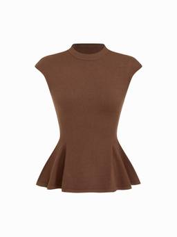 Cider - Knit Stand Collar Women's Peplum Hem Top Brown