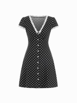 Cider - Ditsy Floral Women's V-Neck Lace Trim A-Line Mini Dress Black