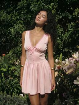 Cider - Satin Lace Panel Women's V-Neck Flared Mini Dress Pink