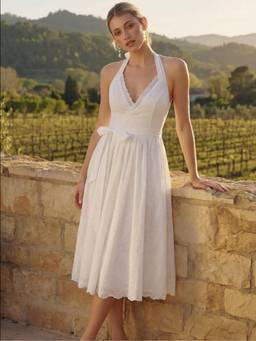 Cider - Cotton Textured Women's Halter Neck Wrap Flared Midi Dress Cream