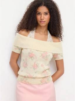 Cider - Knit Wool-blend Women Floral Off-Shoulder Lace Detail Top Beige