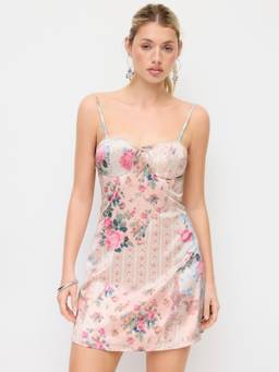Cider - Satin Floral Women's Sweetheart Cut-Out Slip Mini Dress Peach