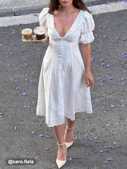 Cider - Broderie Anglaise Women's V-Neck Puff Sleeve Flared Midi Dress Cream