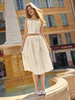 Cider - Textured Women's Floral Square Neck Corset Skirt Set Cream