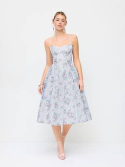Cider - Textured Women's Floral Sweetheart Flared Midi Dress Light Blue