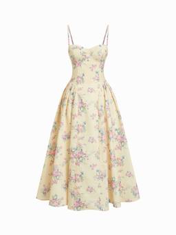 Cider - Textured Women's Floral Sweetheart Flared Midi Dress Yellow