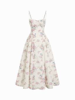 Cider - Textured Women's Floral Sweetheart Flared Midi Dress White