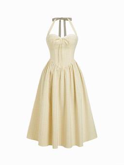 Cider - Cotton Blend Women's Gingham Halter Shirred A-Line Maxi Dress Yellow