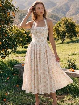 Cider - Sculptural Floral Women's Halter Neck Lace-Up Midi Dress Blue
