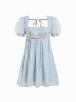 Cider - Textured Women's Floral Embroidered Square Neck Mini Dress Blue
