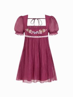 Cider - Textured Women's Floral Embroidered Square Neck Mini Dress Berry