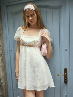 Cider - Textured Women's Floral Embroidered Square Neck Mini Dress Cream