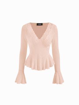 Cider - Textured Lace Women Ruffled V-Neck Peplum Top Pink