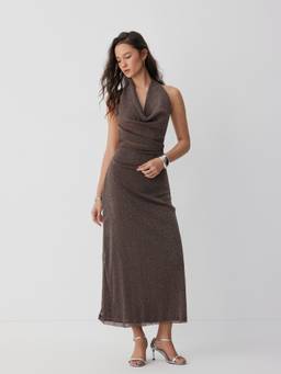Cider - Metallic Women's Cowl Neck Halter Maxi Dress Brown