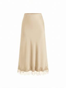 Cider - Satin Lace Panel Women High Waist Maxi Skirt Beige