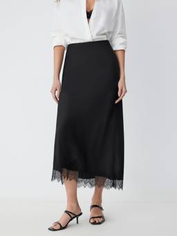 Cider - Satin Lace Panel Women's High Waist Maxi Skirt Black