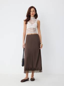 Cider - Satin Women's High Rise Lace Panel Maxi Skirt Brown