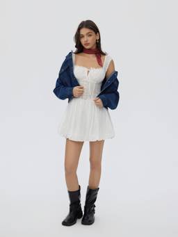 Cider - Broderie Anglaise Women's Tie-Front Bubble Hem Mini Dress White