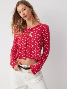 Cider - Jacquard Floral Women's Round Neck Co-ord Set Red