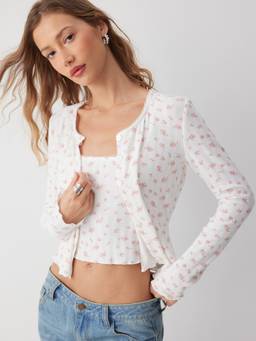 Cider - Jacquard Floral Women’s Round Neck Co-ord Set White