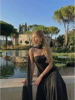 Cider - Chiffon Women's Polka Dot Halter Neck Ruched Maxi Dress Black