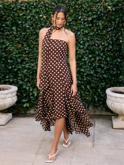 Cider - Chiffon Women's Halter Polka Dot Ruffled Hem Maxi Dress Brown