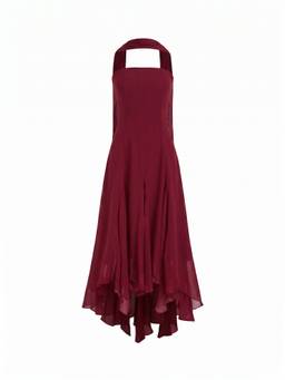 Cider - Women's Halter Neck Ruffled Ruched Maxi Dress Burgundy