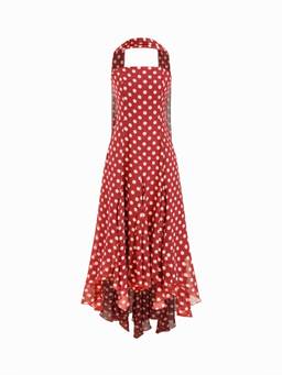 Cider - Chiffon Women's Halter Polka Dot Ruched Ruffled Maxi Dress Red