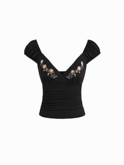 Cider - Floral Embroidered Women Ruched V-Neck Puff Sleeve Top Black