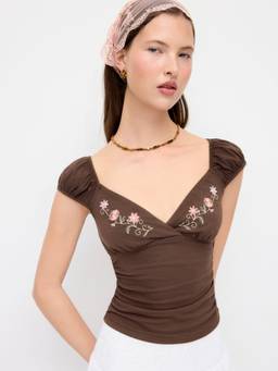 Cider - Cotton Blend Women Floral Embroidered Ruched V-Neck Top Brown