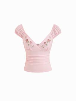 Cider - Cotton Blend Women Floral Embroidered Ruched Puff Sleeve Top Pink