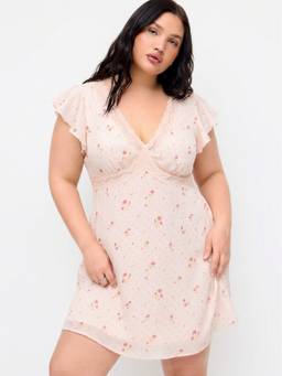 Cider - Floral Lace Trim Women's V-Neck Ruffled A-Line Mini Dress Pink
