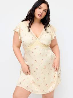 Cider - Floral Lace Trim Women Tie-Back Ruffle Sleeve A-Line Mini Dress Yellow