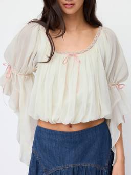 Cider - Textured Chiffon Women Ruffled Scoop Neck Blouse White