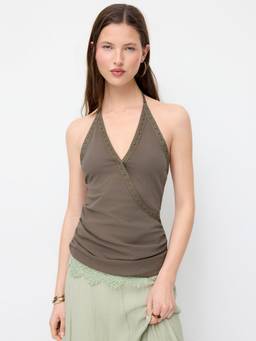 Cider - Cotton Blend Women Ruched Halter Neck Top Olive