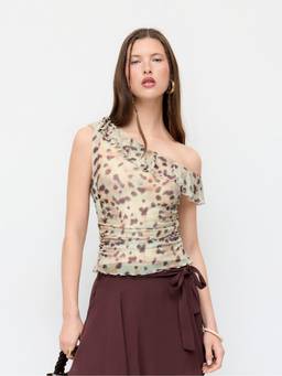 Cider - Mesh Leopard Women’s Asymmetrical Neck Ruffle Blouse Yellow