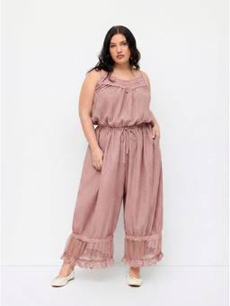 Cider - Lace Panel Women's V-Neck Drawstring Capri Playsuit Pink